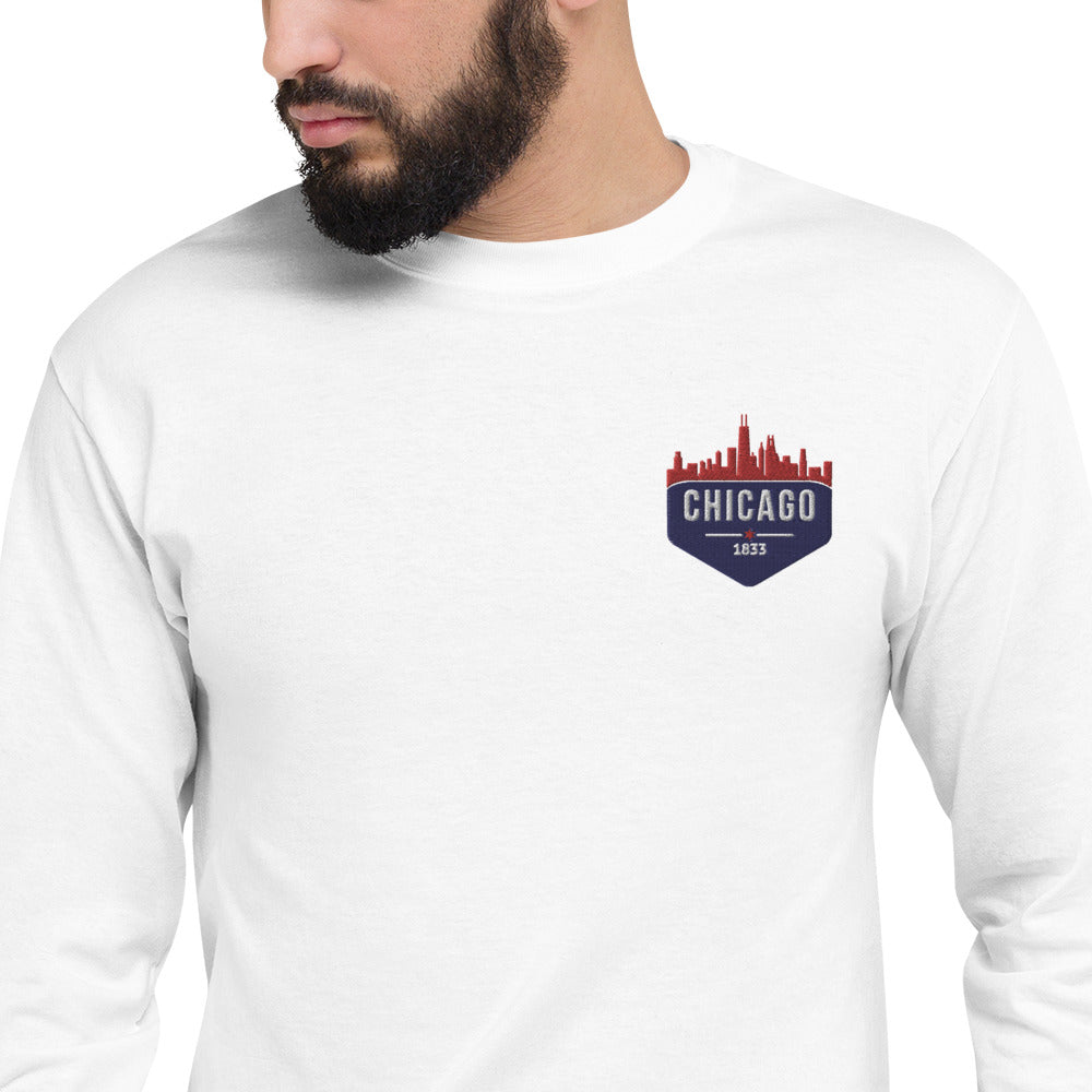 Men's Champion Long Sleeve Shirt | Embroidered Chicago Cubs Theme Patch